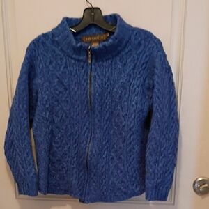 Inis Crafts Women's Blue Cable Knit 100%Merino Wool Full Zip Cardigan Size L